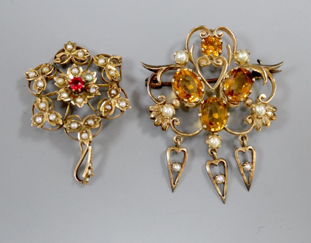 Two 9ct and gem set pendant brooches including one early 20th century, largest 46mm, gross 12.1 grams,
